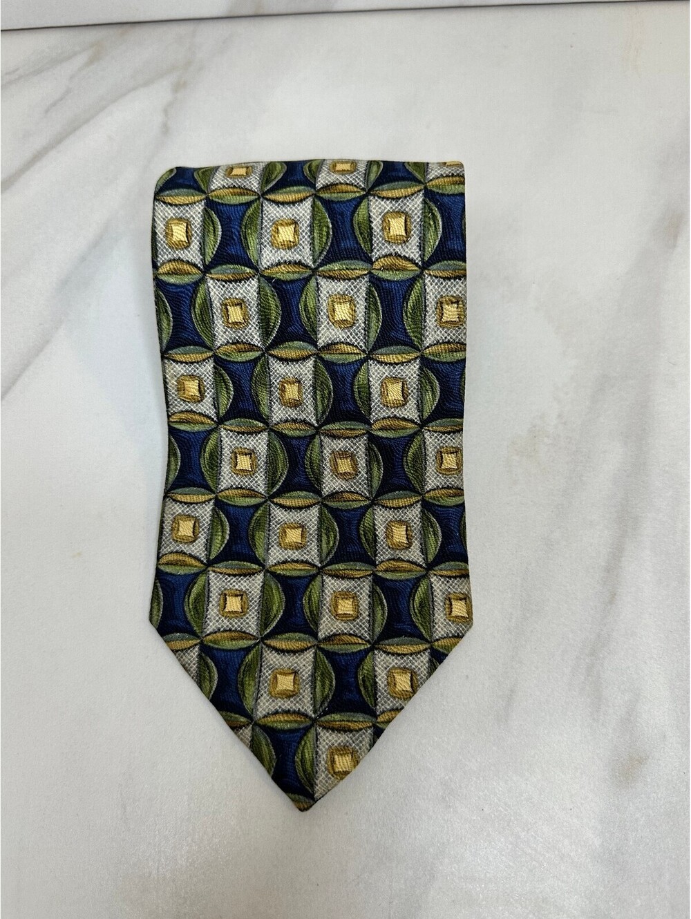 Mulberry blue green yellow cream geometric 100% Italian silk tie made in USA